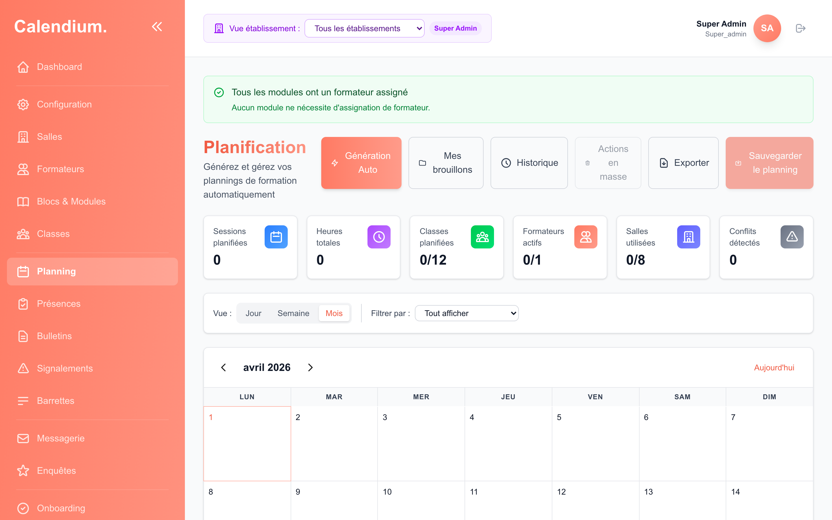 Vue planning avec génération automatique